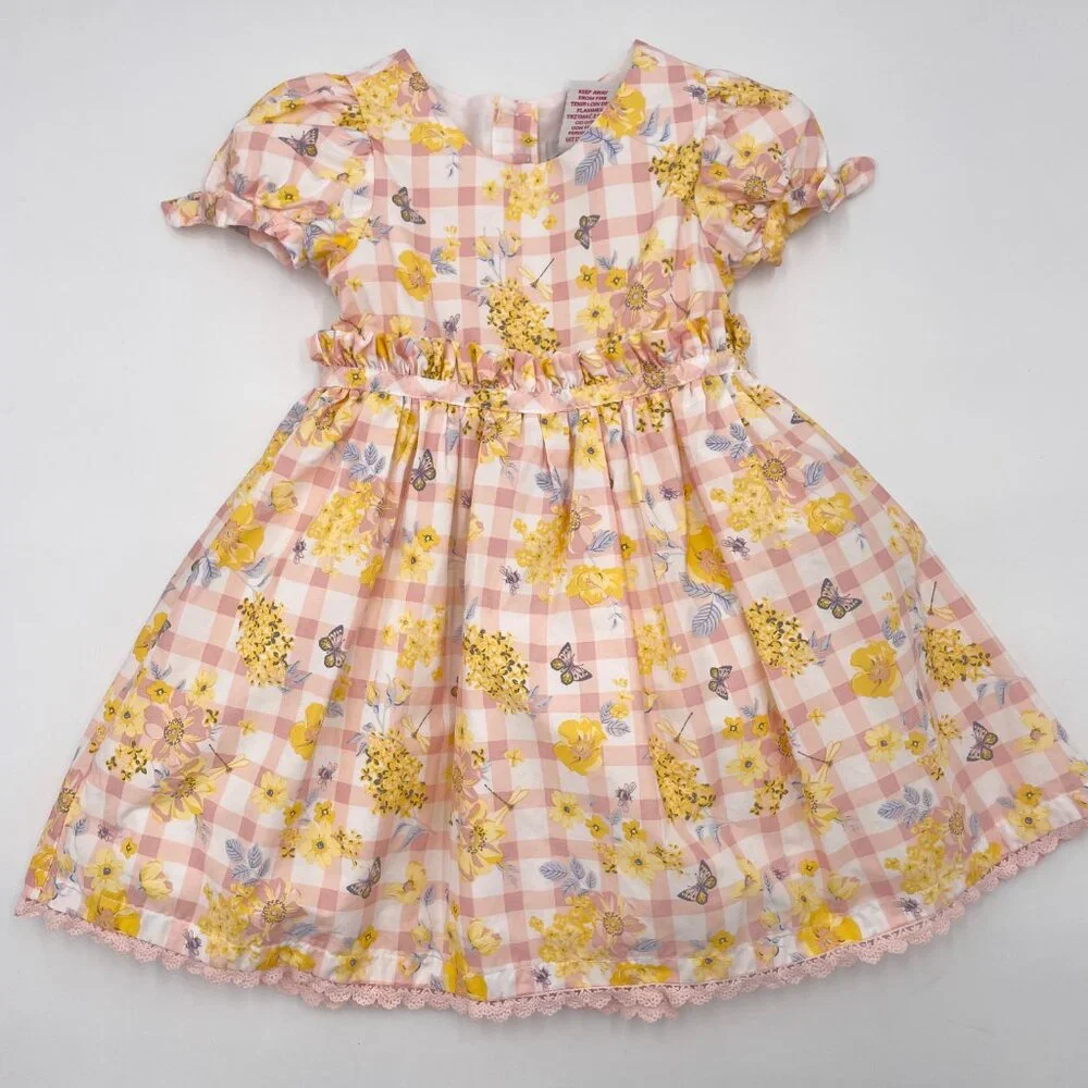 Haute Hippie Dress Gingham Floral Girl Size 2T Pink Yellow White Puffed Sleeve